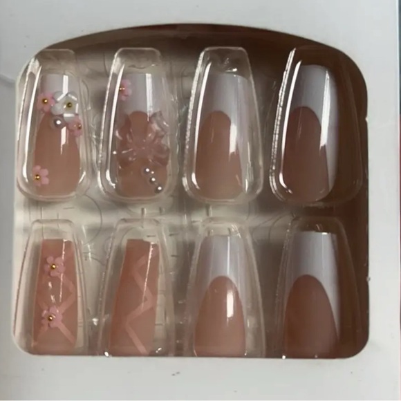 Elegant Pink & White Press On Nail Art 3D Bows Ballet French Tip Reusable NWT - Picture 8 of 11